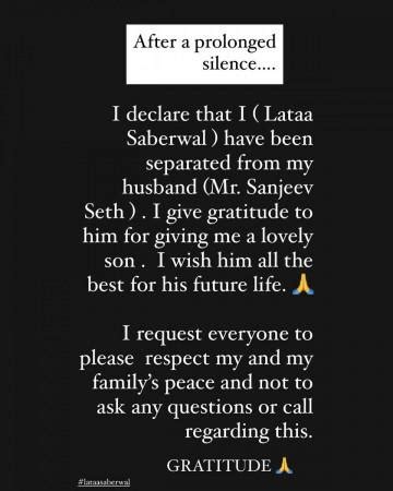 Lataa Saberwal confirms sepration from Sanjeev Seth after 15 years of ...