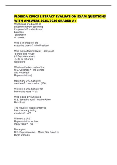 FLORIDA CIVICS LITERACY EVALUATION EXAM QUESTIONS WITH ANSWERS 2025/ ...