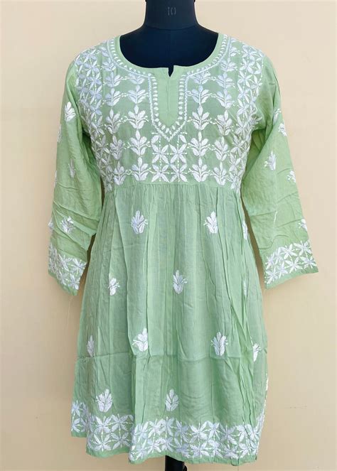 Lucknowi Chikankari Short Kurti Pista Green Modal Cotton – Chikirpolo