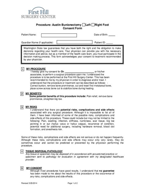 Fillable Online Procedure: Austin Bunionectomy Left Right Foot Consent ...