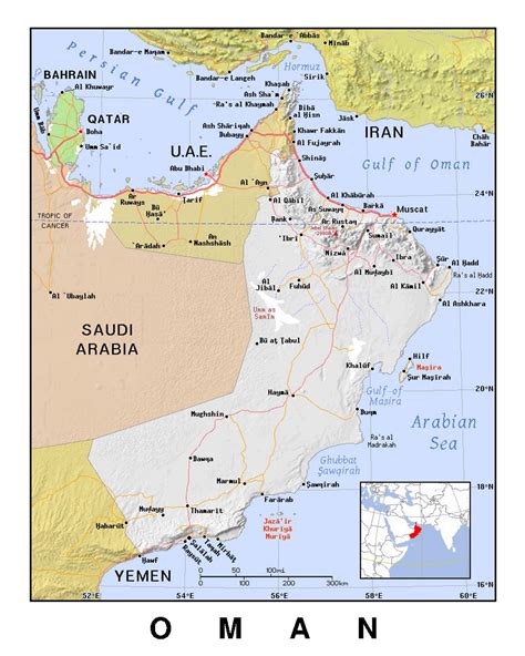 Detailed political map of Oman with relief | Oman | Asia | Mapsland | Maps of the World