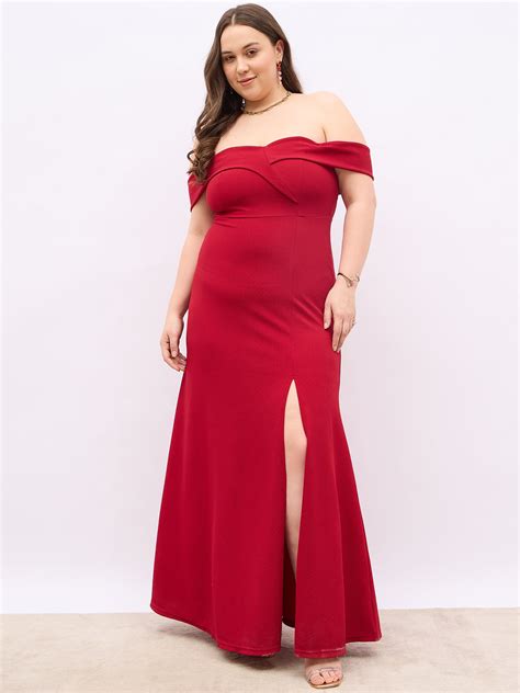 Women Solid Red Off-Shoulder Neck Short Sleeves Thigh-High Slit Layered ...