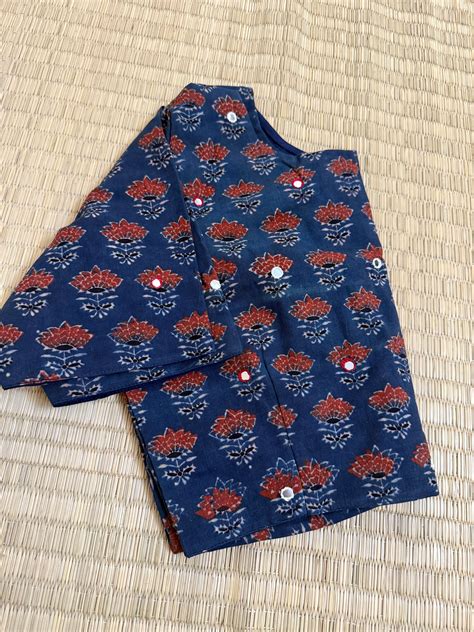 Ajrakh blue floral mirror blouse