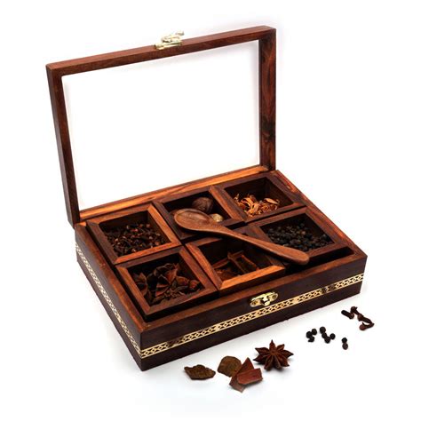 Premium Spice Box with 6 Containers & Spoon in Sheesham Wood – JaipurCraft