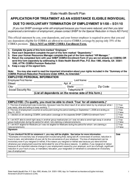 Fillable Online dch georgia State Health Benefit Plan APPLICATION FOR ...