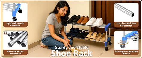 JD FRESH Shoe Rack/Stainless Steel Shoe Stand with Wheel/Movable Shoe ...