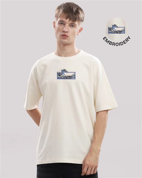 Shop Wave off kanagawa Embroidery Of-White Oversized T-Shirt – STYSSOR