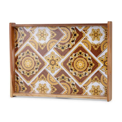Royal Wooden Serving Tray with Gold & Brown Geometric Design (Large ...