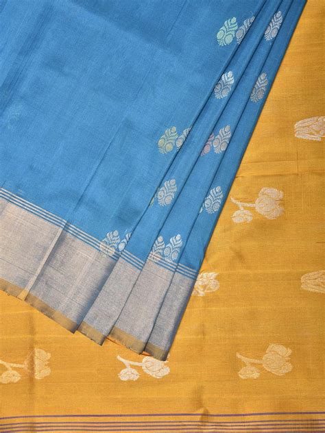 Blue and Yellow Uppada Pure Silk Handloom Saree with Body Buta Design u2591