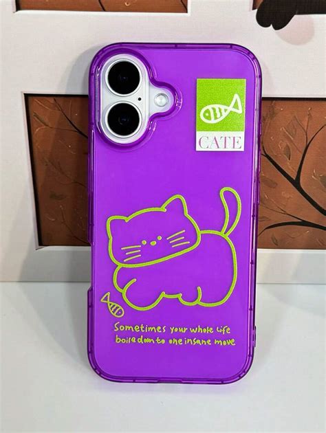 1ชิ้น เคสโทรศัพท์ตุ๊กตาแมวลาย เขียวน่ารัก ขอความคำขวัญสีม่วงฟูออเรส ...