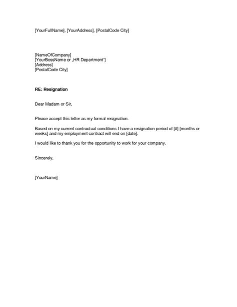 Free Printable Letter Of Resignation Template