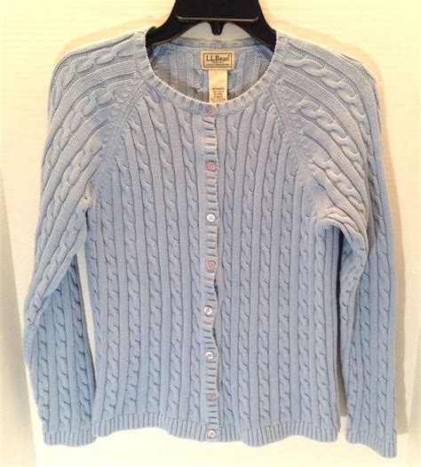 Vtg LL Bean Cable Knit Cardigan Womens M Light Blue Sweater Fisherman ...