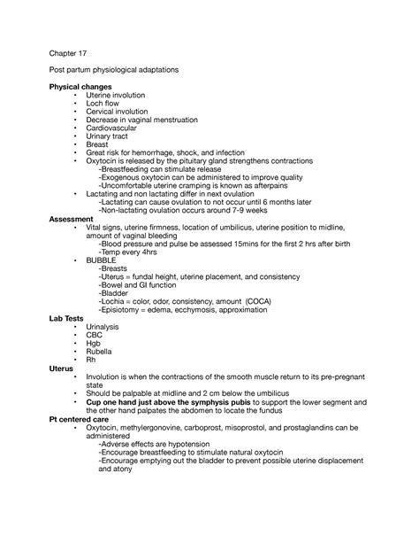 Postpartum - Chapter 17 Post partum physiological adaptations Physical changes Uterine ...