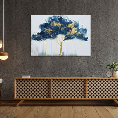 Modern Art Canvas Painting - Abstract Blue and Golden Canvas for Livin ...