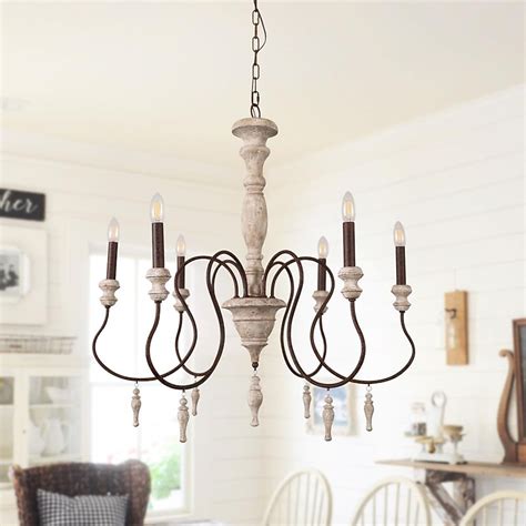 Oaks Decor Farmhouse wood chandelier 6-Light Distressed Off-white ...