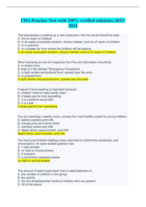 CDA Practice Test-with 100% verified solutions- - CDA - Child ...