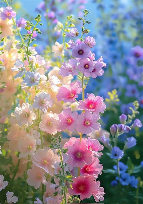 Pretty Pink and Blue Flowers in the Field