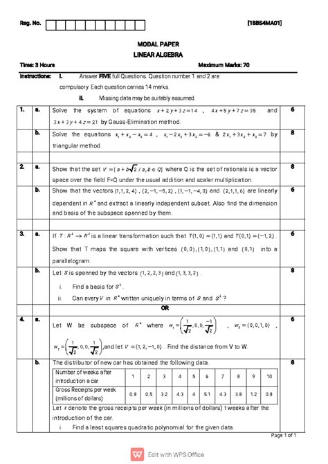 Modal QP Linear algebra - Page 1 of 1 Reg. [ 18 BS 4 MA 01 ] MODALPAPER ...