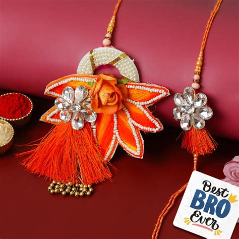 eCraftIndia Orange Floral Designer Rakhi for Brother and Bhabhi | Bhai