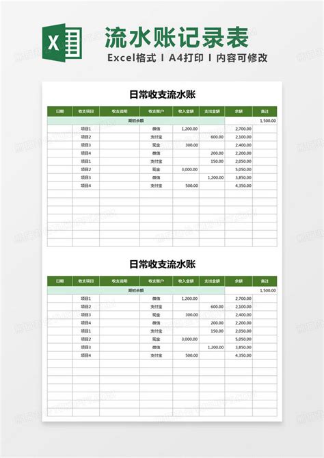 简约日常收支流水账模版Excel模板下载_熊猫办公