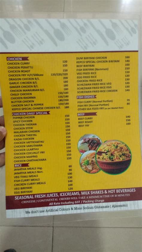 Menu at KEPCO Restaurant, Thiruvananthapuram, FWVH+R67