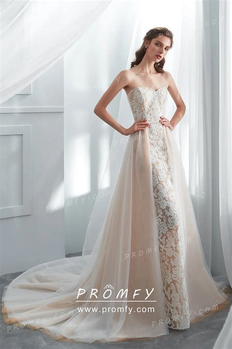 Champagne Lace & Tulle Mermaid Overskirt Wedding Gown - Promfy
