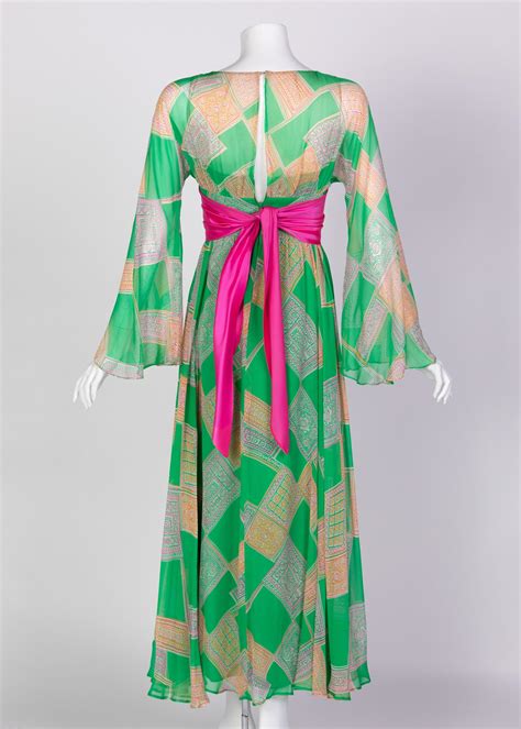 Malcolm Starr Green Geometric Print Chiffon Pink Sash Dress, 1960s For ...