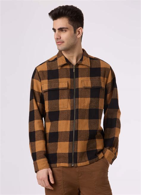 Men Brown Oversized Check Zip Shirt Jacket | Pepe Jeans India