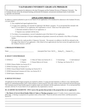 Fillable Online valpo VALPARAISO UNIVERSITY GRADUATE PROGRAM - valpo ...