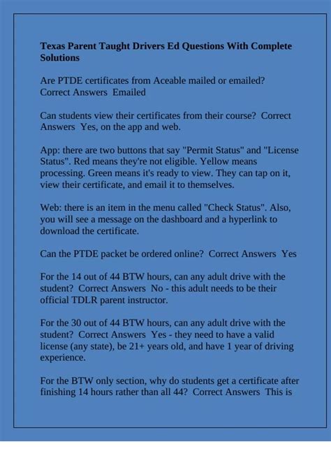 Texas Parent Taught Drivers Ed Questions With Complete Solutions - PTDE ...