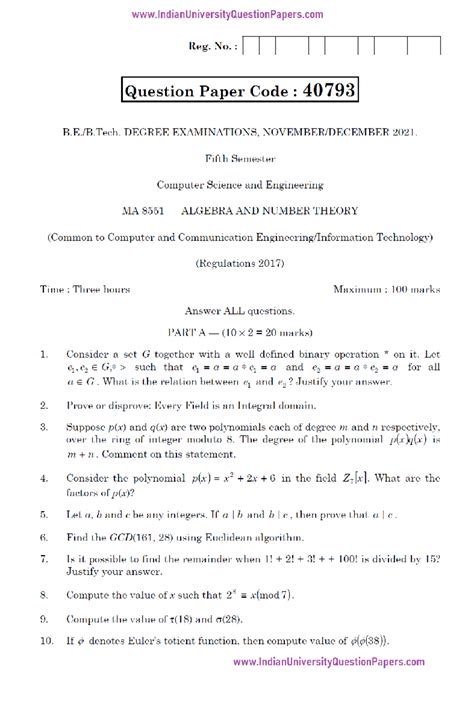 Anna University MA8551 Algebra & Number Theory Nov-Dec 2021 Exam Paper ...