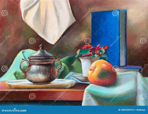 Still Life with Apple, Books and Drapery Stock Illustration ...