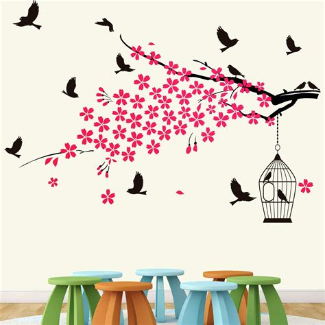 StickMe Pink Flower Tree with Birds Nature Relaxation Wall Sticker ...