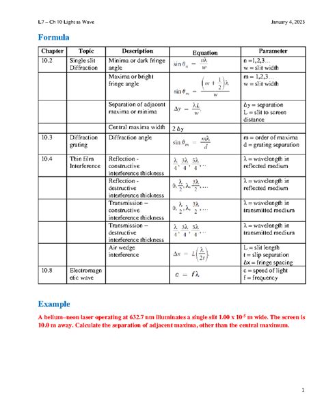 Grade 12 L7 Ch 10 - 2023-01-04 - Formula Chapter Topic Description Equation Parameter 10 Single ...