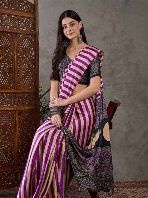 Buy Purple Semi Modal Saree With Blouse Piece 67577 Online | Karagiri