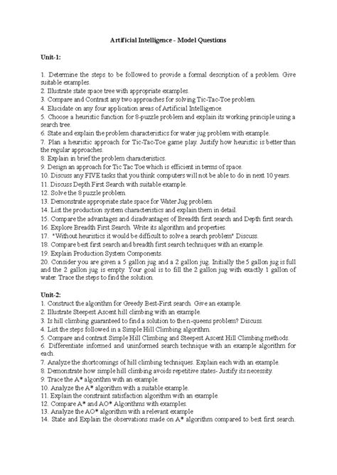 AI Unit 1 to 5 Model Questions 2024 - Artificial Intelligence - Model ...