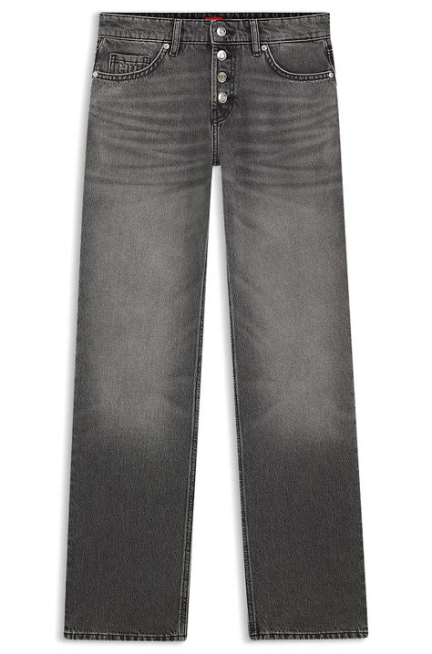 HUGO - Straight-fit jeans in grey denim with buttoned fly - Light Grey
