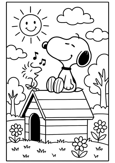Snoopy on his doghouse with his friend Woodstock - Snoopy Coloring Pages