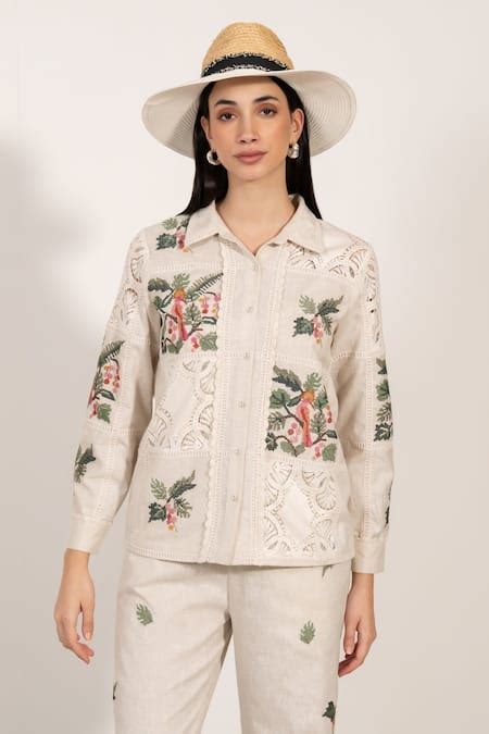Buy Beige Poly Flex Embroidered Cross Stitch Shirt Collar Floral For ...