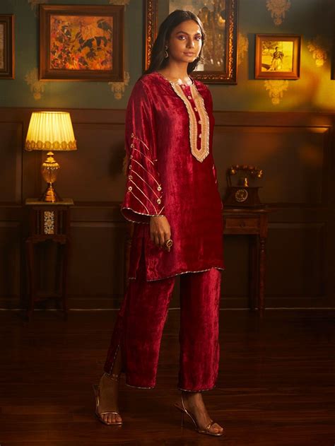 Buy Fuchsia Embroidered Velvet Kurta with Palazzo- Set of 2 ...