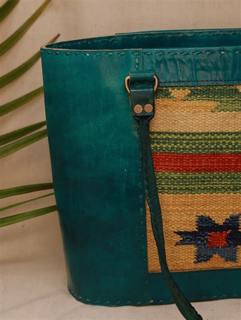 Buy Handcrafted Jawaja Leather Tote Bag with Rug Patch - Green Online
