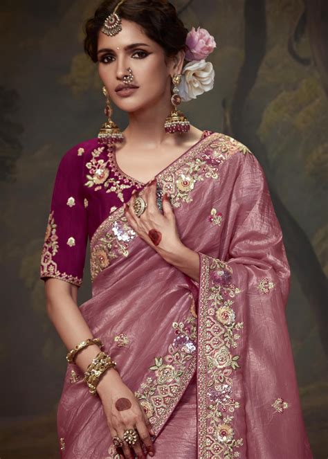Shop Pure Crushed Tissue Silk Rose Peach Saree Online India Sale – Sunasa