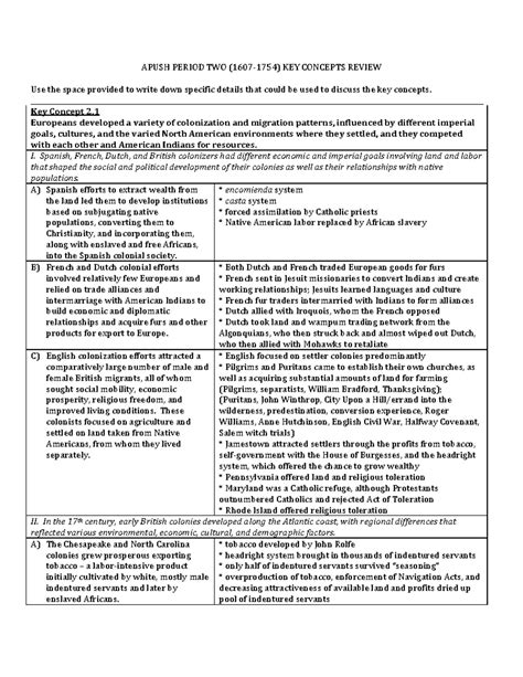 Period two key concept framework filled in-2 - APUSH PERIOD TWO (1607 ...