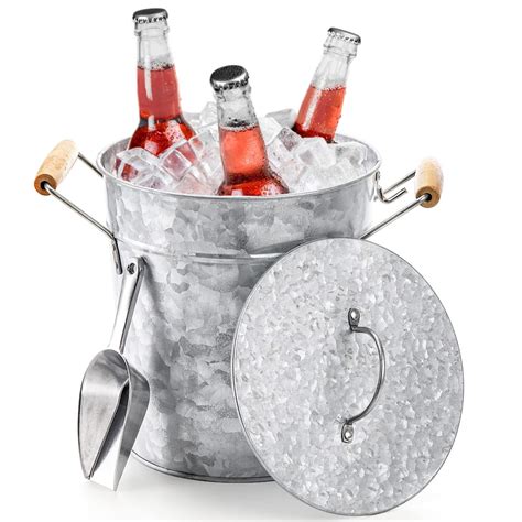 Farmhouse 4 Liter Ice Bucket with Lid, Galvanized Metal Beverage Tub ...