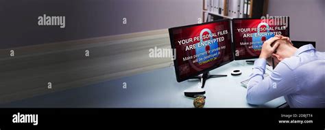 Cyber Ransomware Attack. Businessman Looking At Ransom Screen Text ...