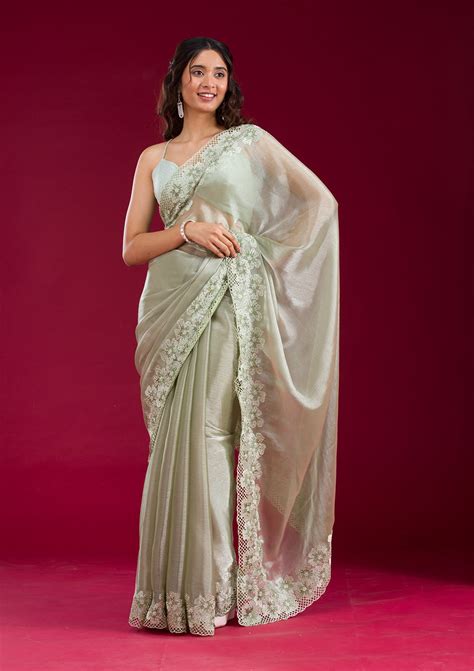 Buy Pista Green Stonework Tissue Saree - Koskii