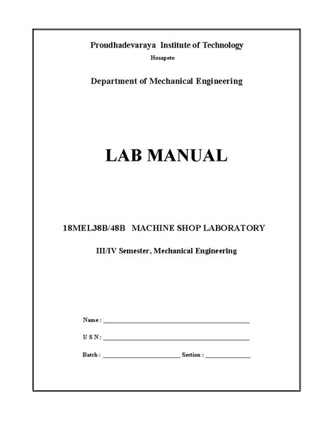 MACHINE SHOP LAB MANUAL - ME 15MEL48B IV SEM, PDIT HOSAPETE - Studocu