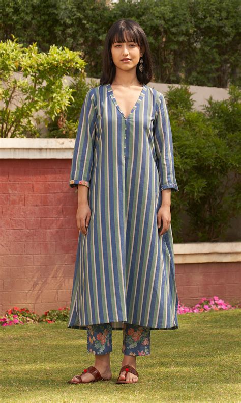 Iris Linen Blue Stripe Long Kurta With Pants ( Set Of 2) – Ridhiiee Suuri
