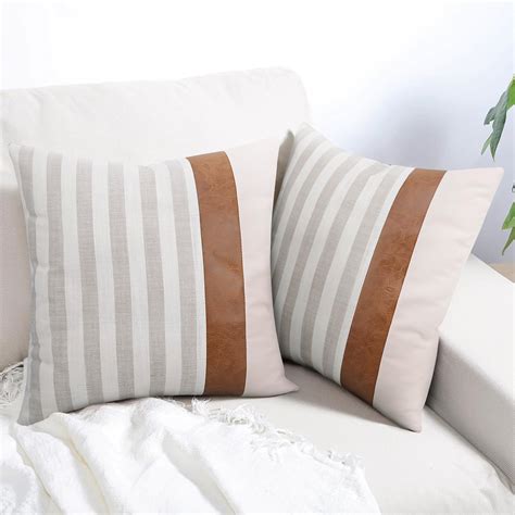 Amazon.com: Faux Leather and Linen Throw Pillow Covers 18 x 18 Inch Set ...
