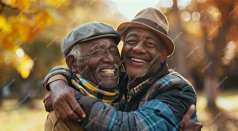 Two happy black men hugging outdoors Smiling senior african american ...